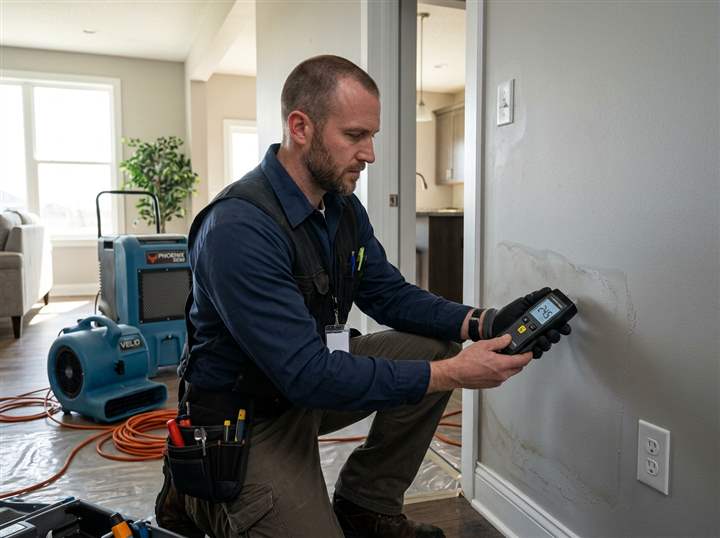 Technician testing wall moisture level with a digital meter next to drying equipment inside a residential room