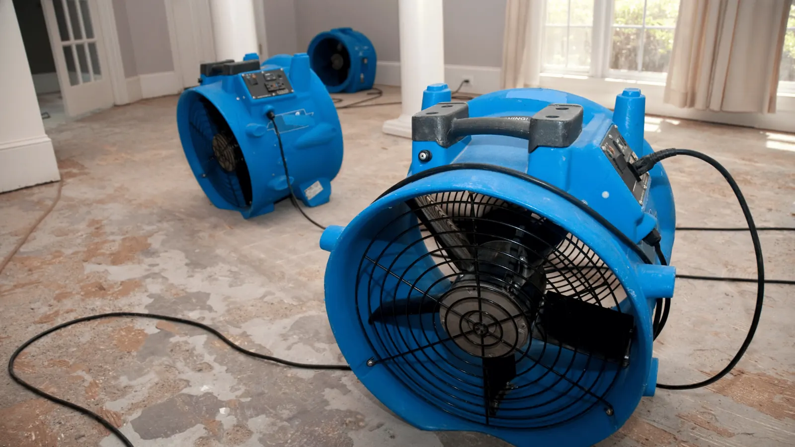 High-capacity air movers placed along walls for structural drying